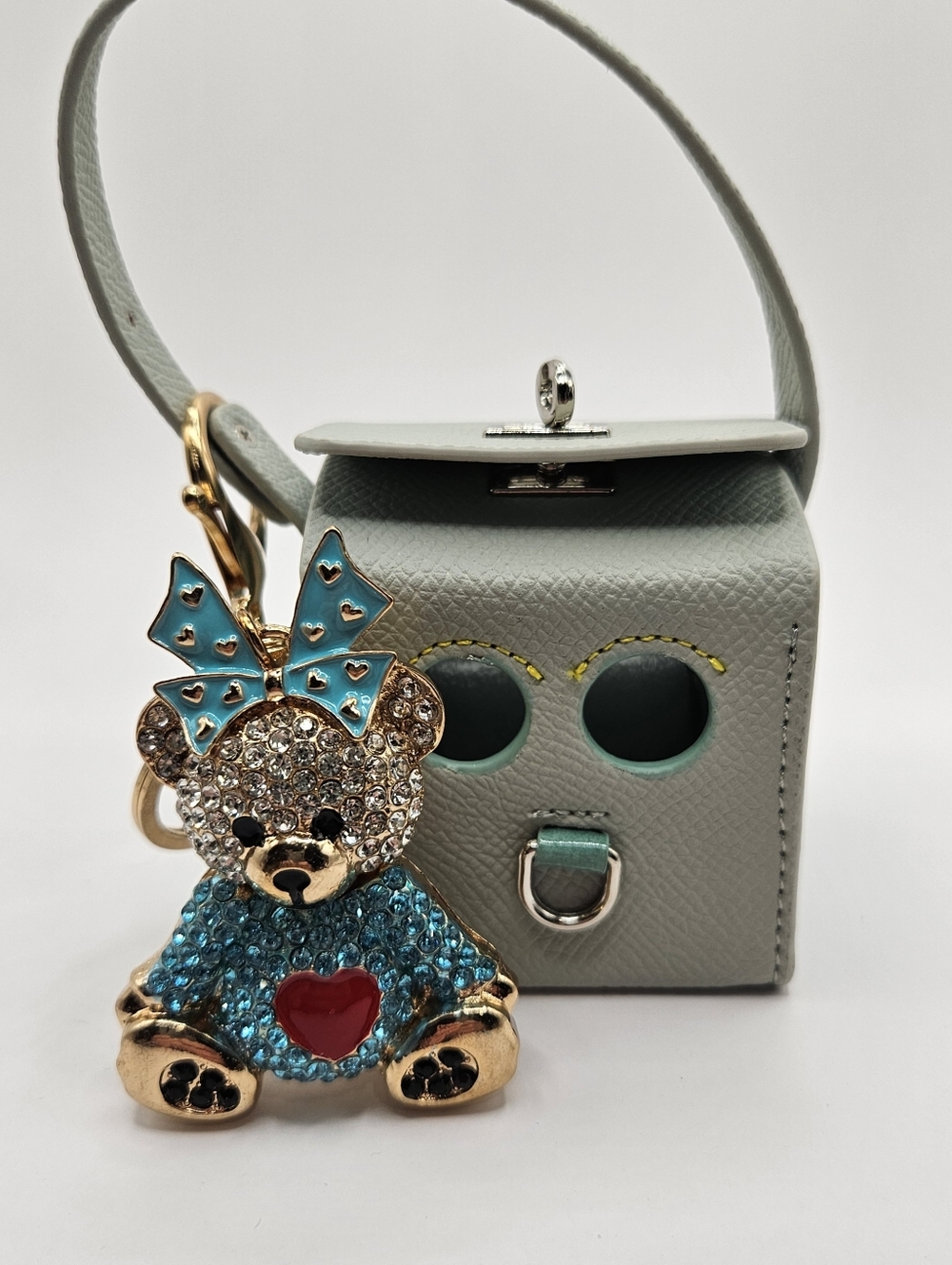 Mini Bag With Crystal Teddy Bear Keychain with Teal Bow and Red Heart